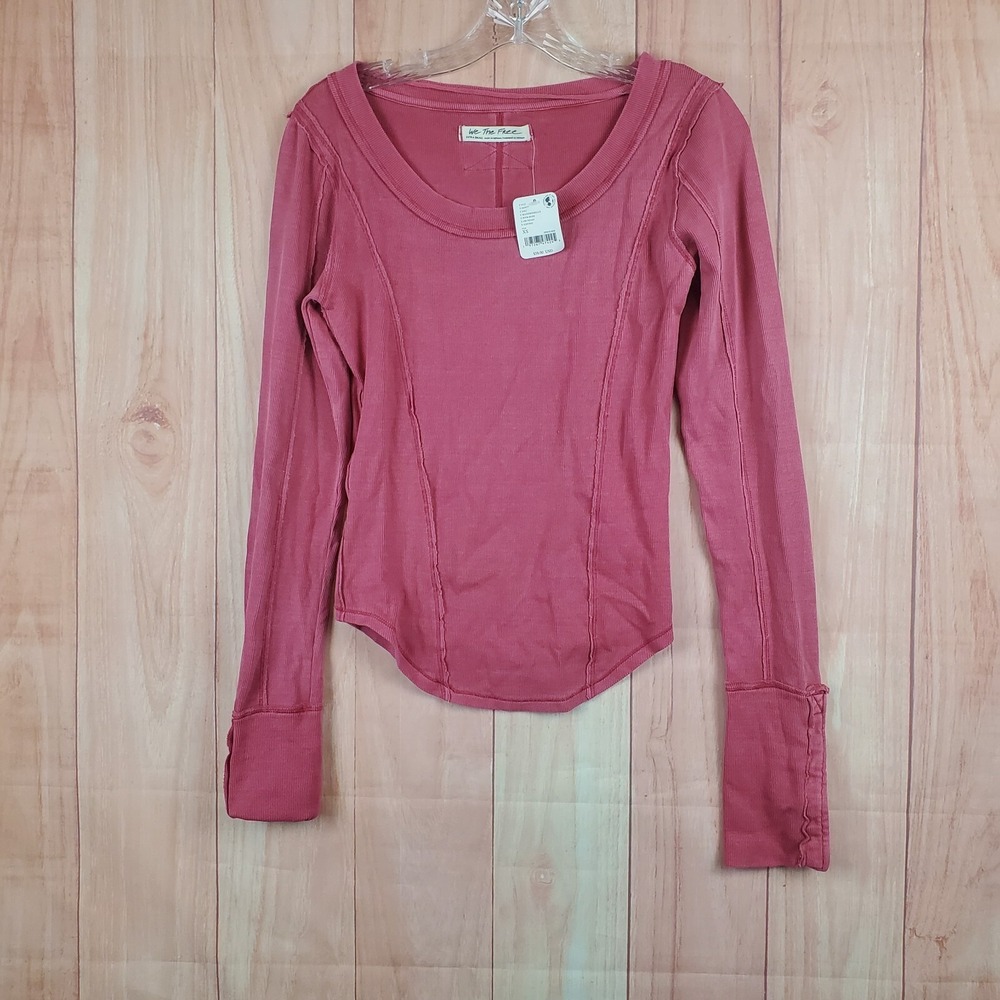 The Free Womens Shirt Sz XS‎ Pink Cotton Stretch Long Sleeve Round Neck Classic